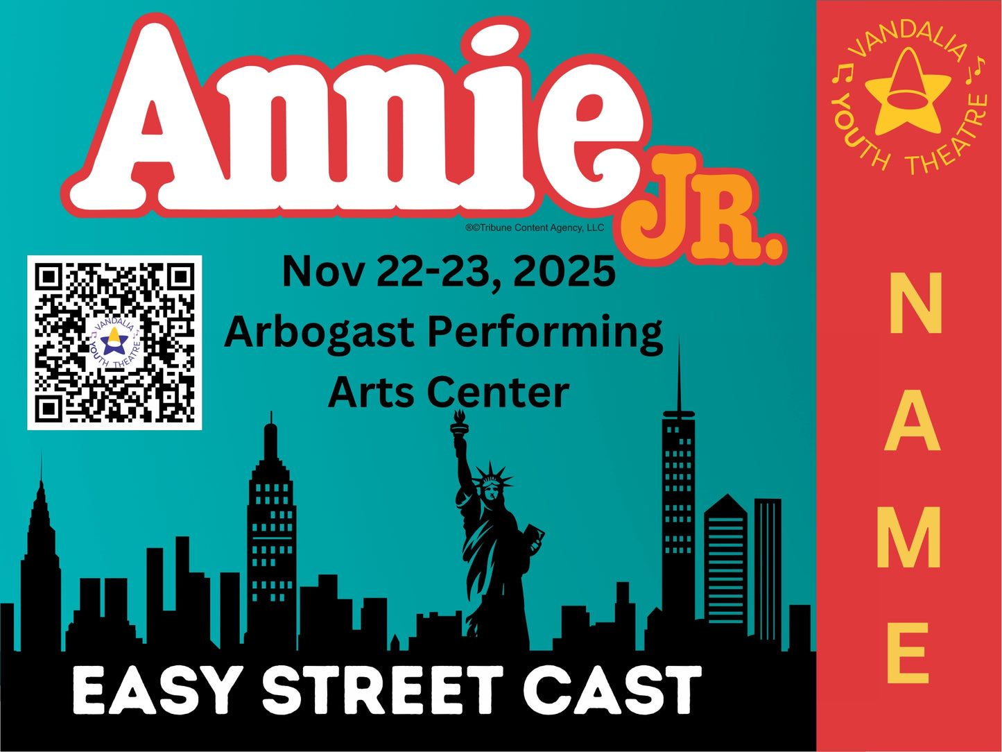 Vandalia Youth Theatre Production Fall 2025 Yard Sign